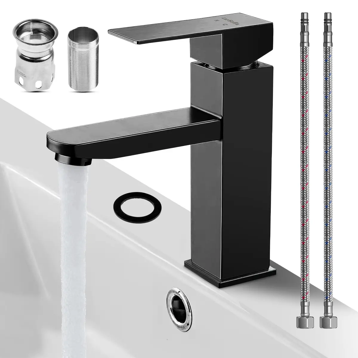 Torneira Banheiro Luxo Quadrada Aço Inox 304, Dupla Utilização Quente Ou Fria Torneira pia Banheiro Alto Padrão, Torneira Monocomando Banheiro 1/4 Volta (Preto)