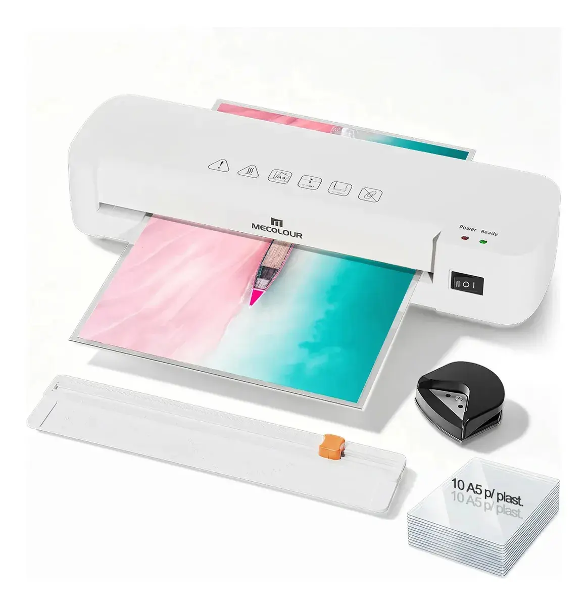 Plastificadora Laminadora A4 Fria E Quente Esquinero Cortador De Papel Kit Completo 10 folhas A5 p/ plastificação Mecolour