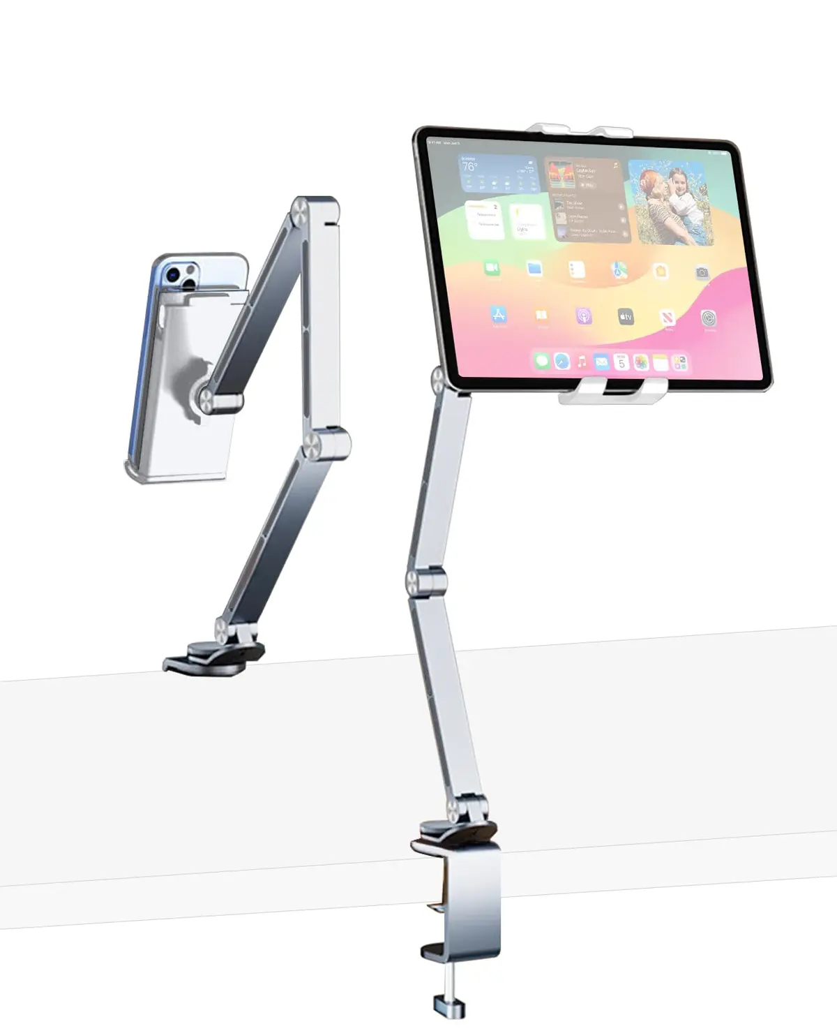 HIBORI Suporte de iPad para mesa de liga de alumínio para tablet, suporte de braço dobrável para celular com tela de 4,7 a 15,6 polegadas, Kindle, Fire HD, monitor, iPad, série Galaxy Tab (prata)
