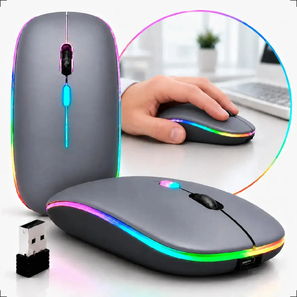 Mouse Sem Fio Recarregável Wireless Optico Led Rgb Ergonômico Sem Fio Para Pc Desktop Notebook Tablet Smartphone Cinza - 1