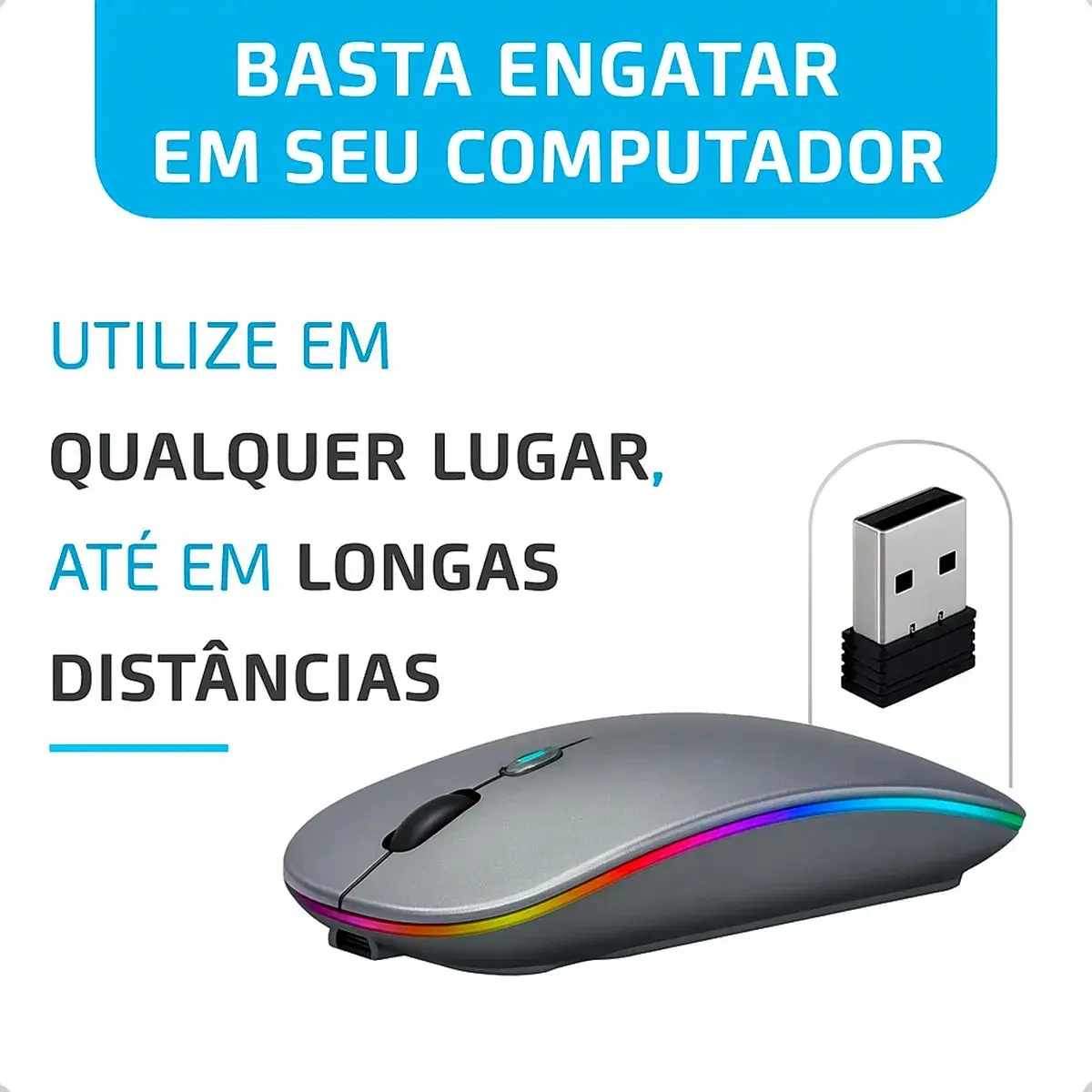 Mouse Sem Fio Recarregável Wireless Optico Led Rgb Ergonômico Sem Fio Para Pc Desktop Notebook Tablet Smartphone Cinza thumbnail 3
