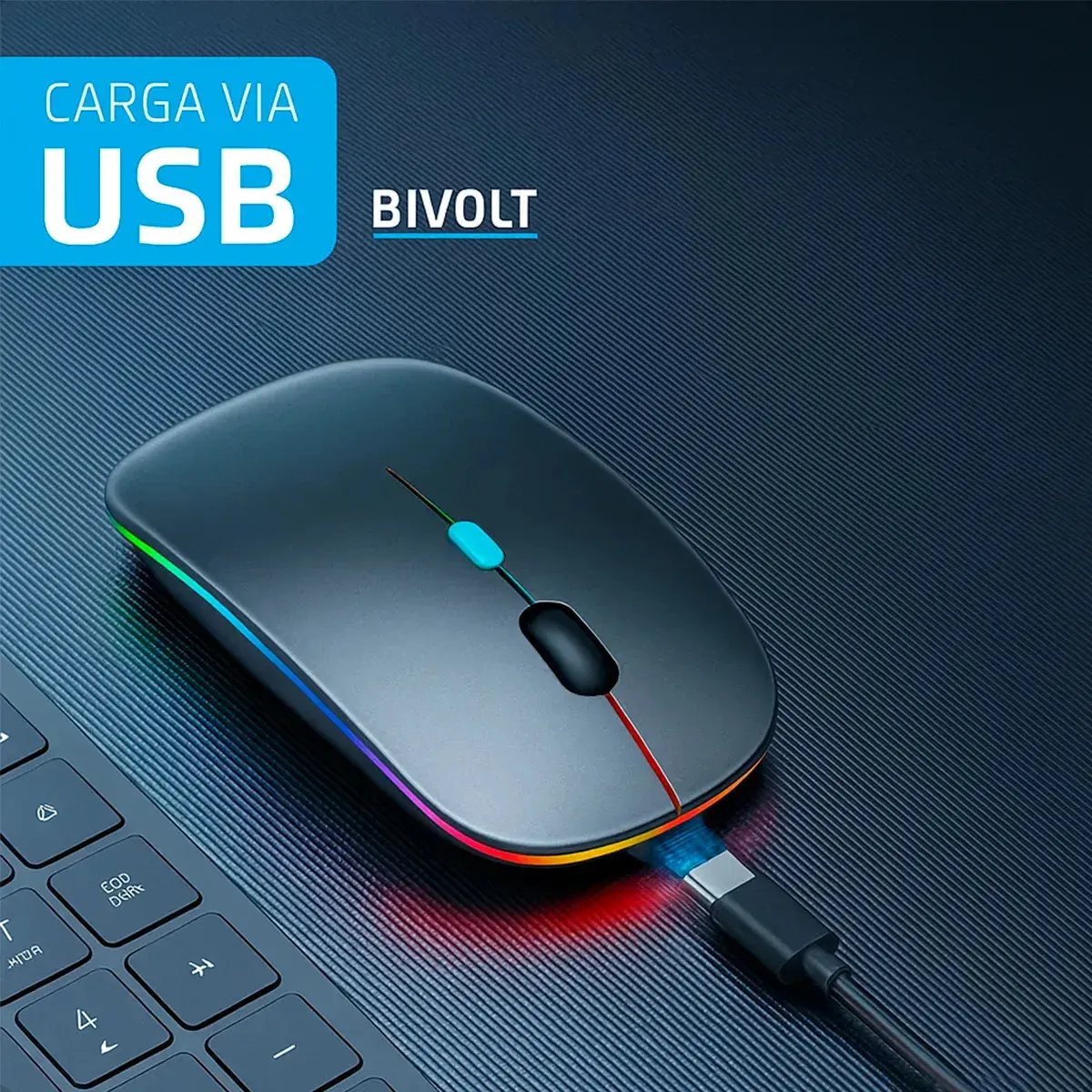Mouse Sem Fio Recarregável Wireless Optico Led Rgb Ergonômico Sem Fio Para Pc Desktop Notebook Tablet Smartphone Cinza thumbnail 4