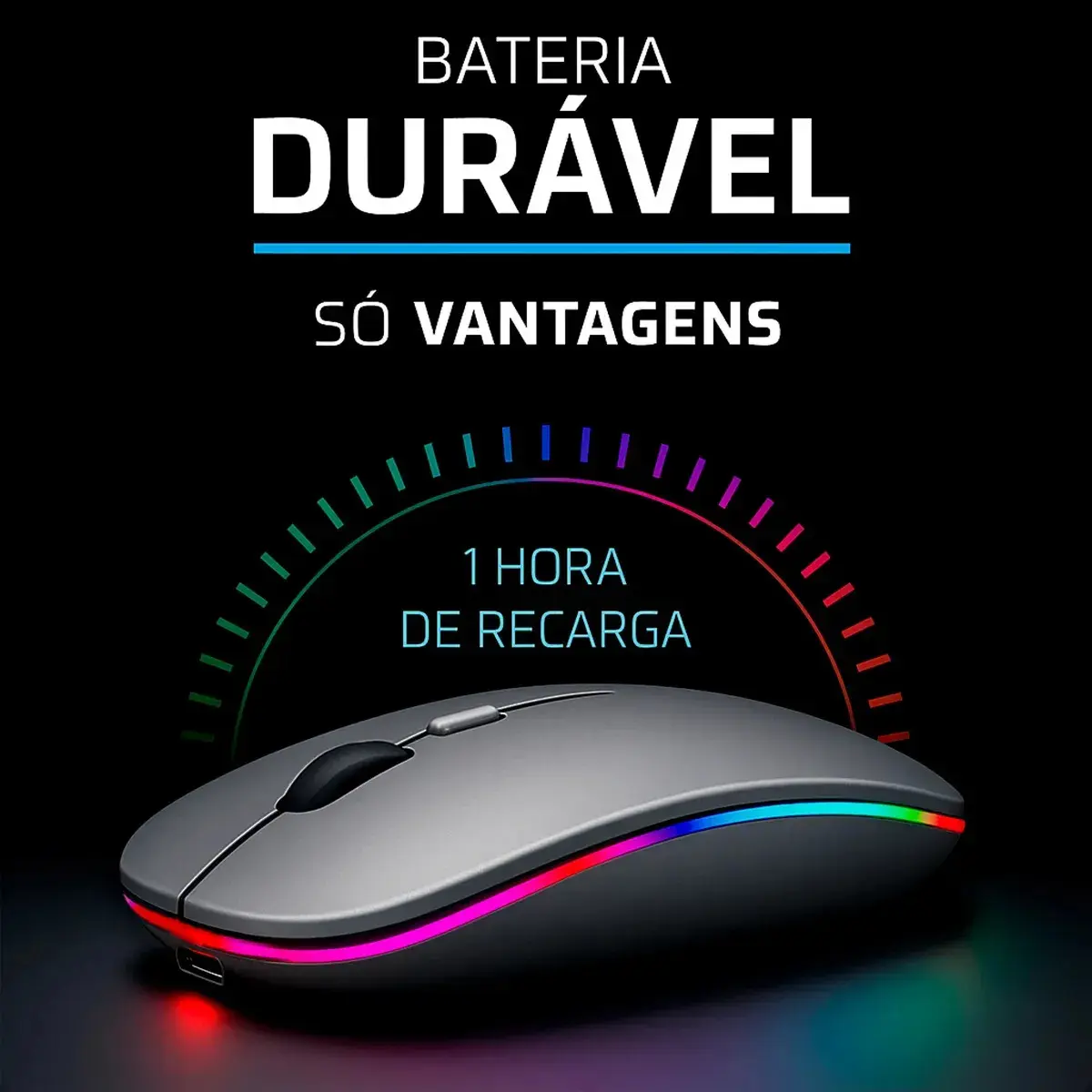 Mouse Sem Fio Recarregável Wireless Optico Led Rgb Ergonômico Sem Fio Para Pc Desktop Notebook Tablet Smartphone Cinza thumbnail 5