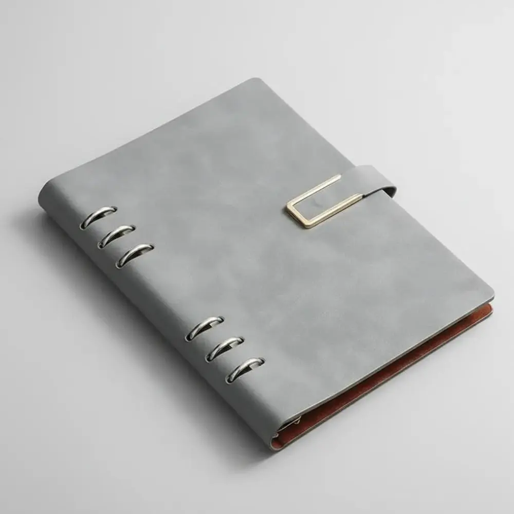 Fichário A5 Couro Com Pauta 100 Folhas 6 Argolas Caderno Imã 14x21 Pautado (cinza)