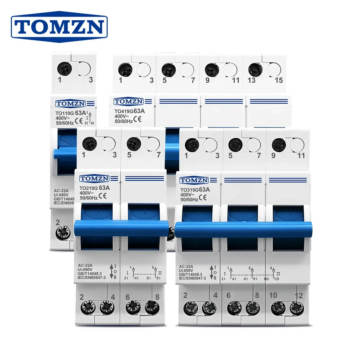 Interruptor de Transferência Manual Isolante Dual Power TOMZN TO219G 1P 2P 3P 4P 40A 63A MTS com Disjuntor Intertravado Azul para Gerador PV - 1