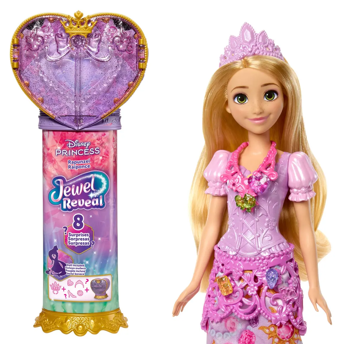 Boneca Disney Princesa Reveal Rapunzel Mattel. Transformação do cabelo longo, vestido surpresa e acessórios brilhantes. Para crianças a partir dos 3 anos.