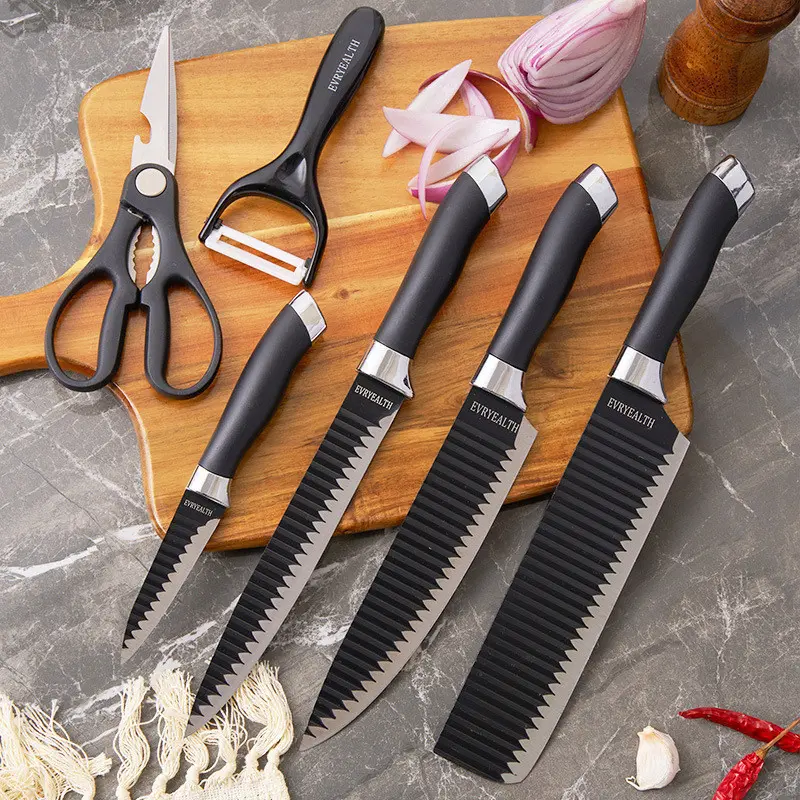 Kit de Conjunto Facas Coloridas/Pretos Tesoura Descascador Cozinha Gourmet 6 Peças - 1