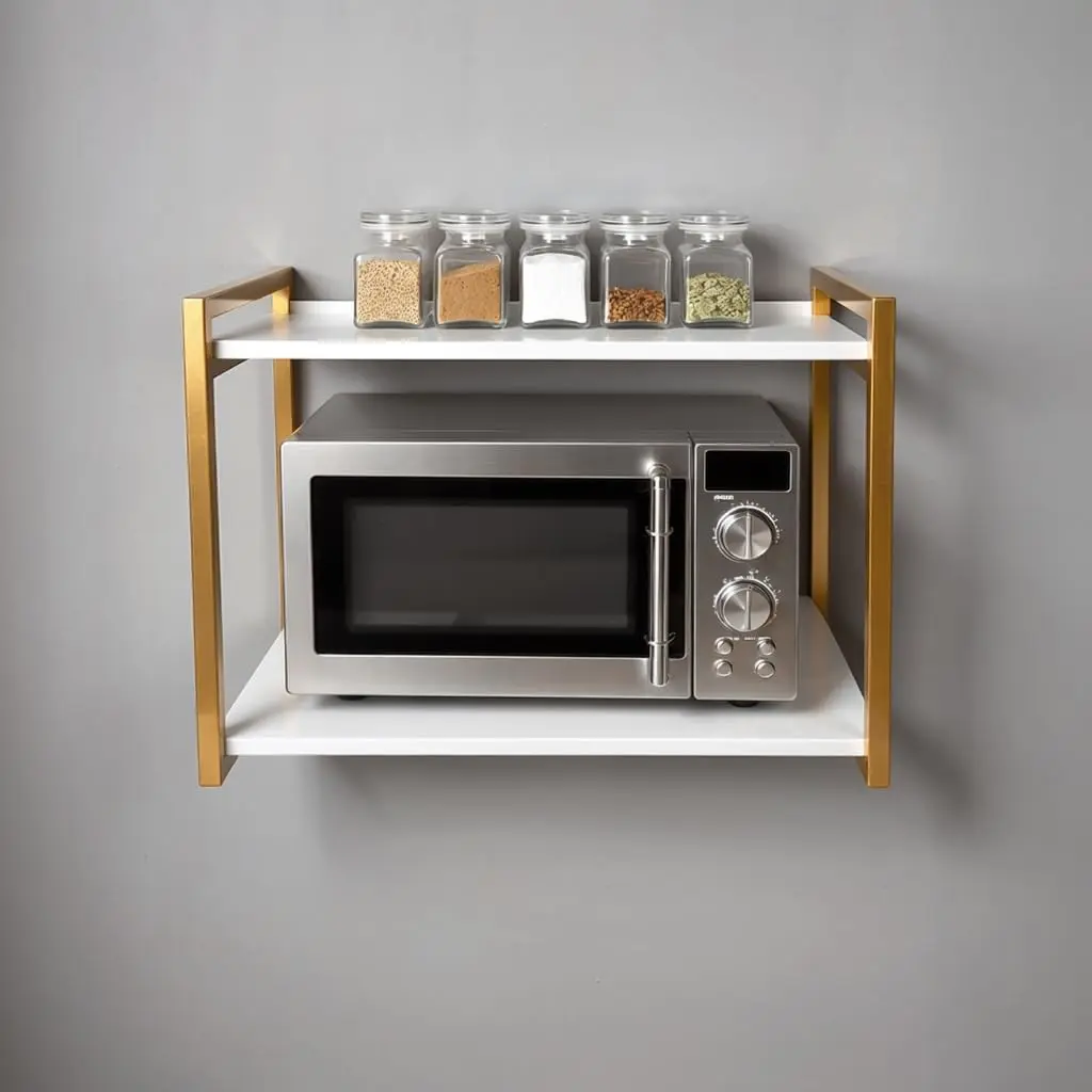 Suporte Industrial Multiuso 2 Prateleiras em Aço Reforçado e MDF para Cozinha(BRANCO COM DOURADO)