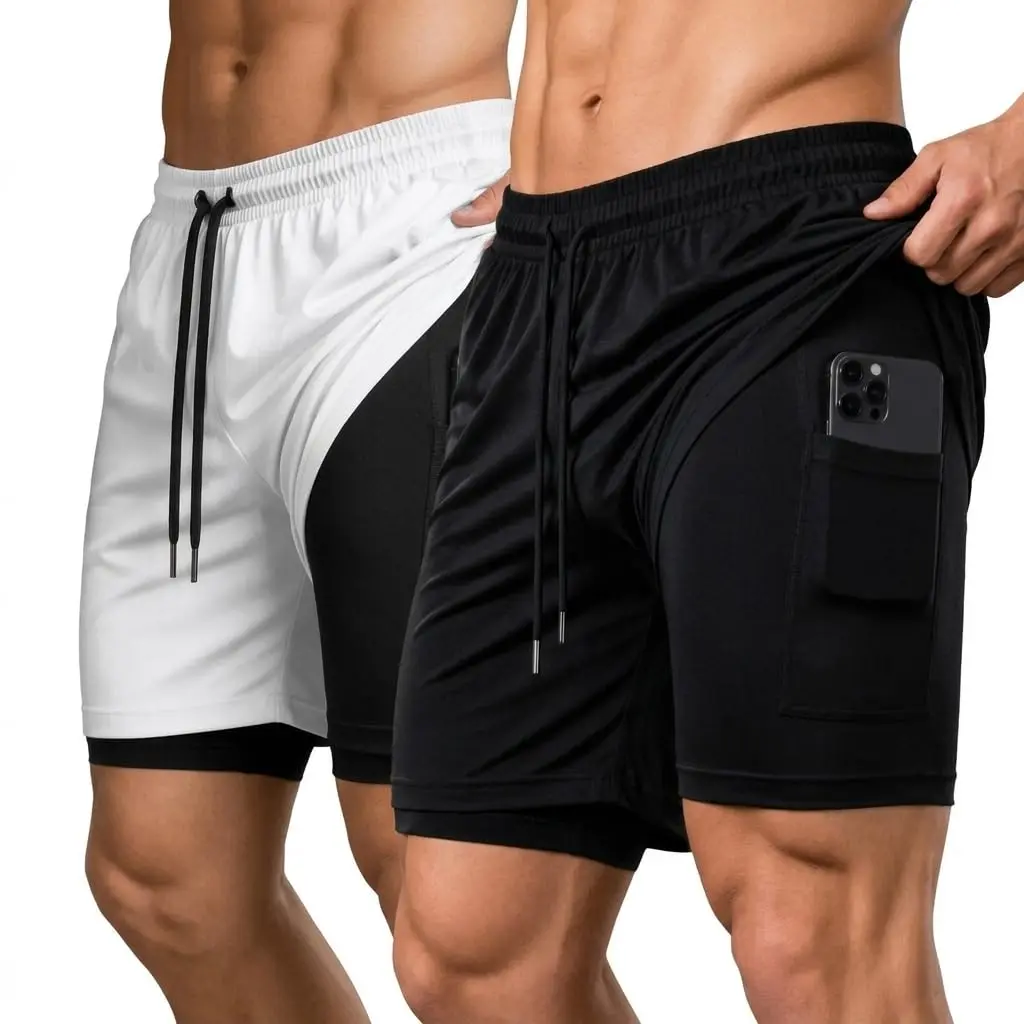 Kit 2 Short Masculino 2 em 1 Dry Fit com Elastano e Proteção UV | Compressão Interna, Bolso Interno, Cordão Ajustável, Academia e Corrida, Suporte Lateral