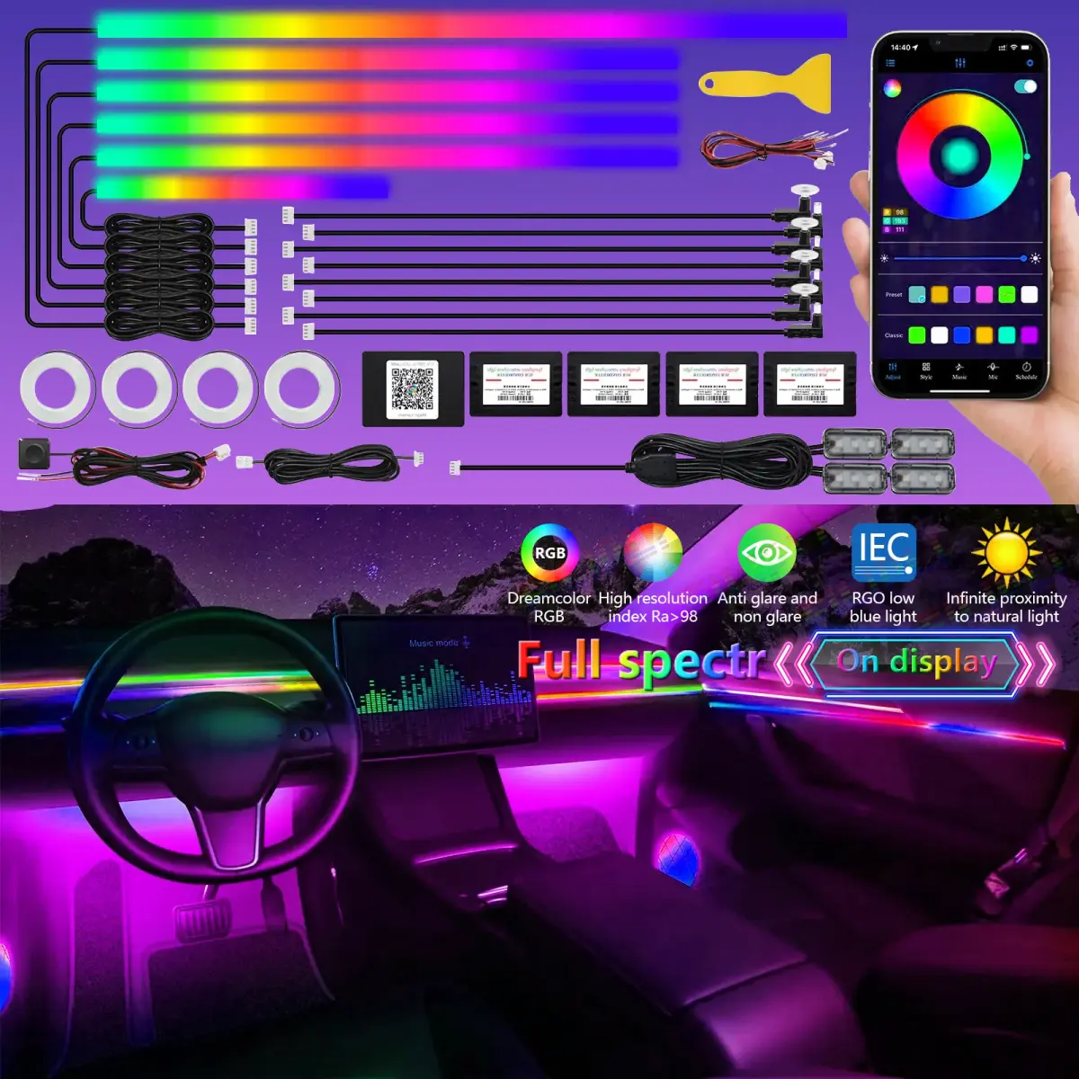 Kits de Luzes Ambientais para Carro 2024, Lâmpadas Decorativas Coloridas de Acrílico com Controle de Música, Acessórios Universais de LED Neon
