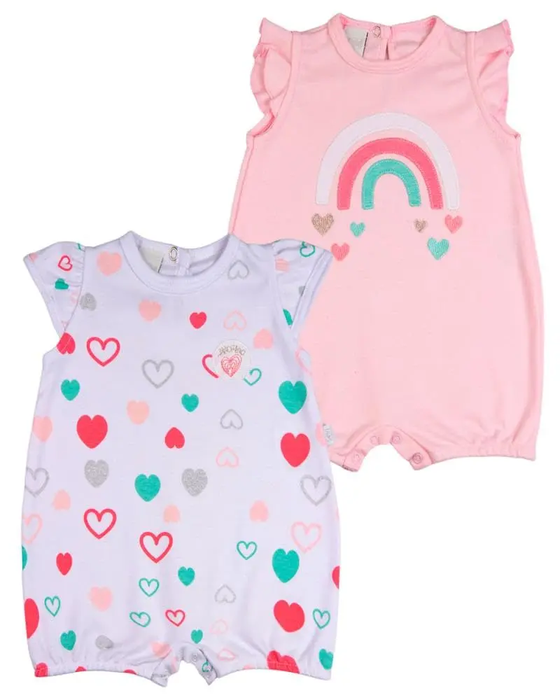Macacao Bebe Menina Suedine Curto Estampado e Liso Kit Macacão Suedine Verao Algodao Corações 2 Pç - Rosa