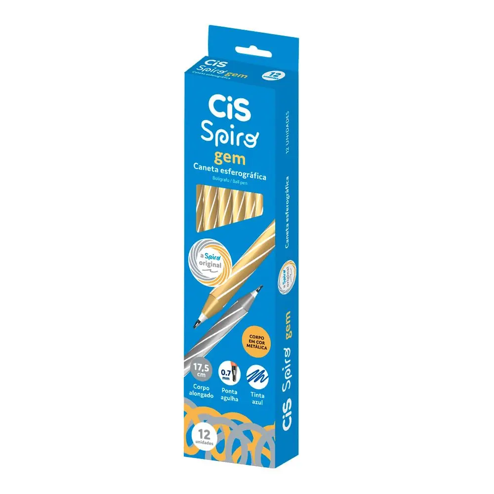 Caneta Esferográfica SPIRO GEM, CIS, Ouro (Tinta Azul), Caixa com 12 unidades