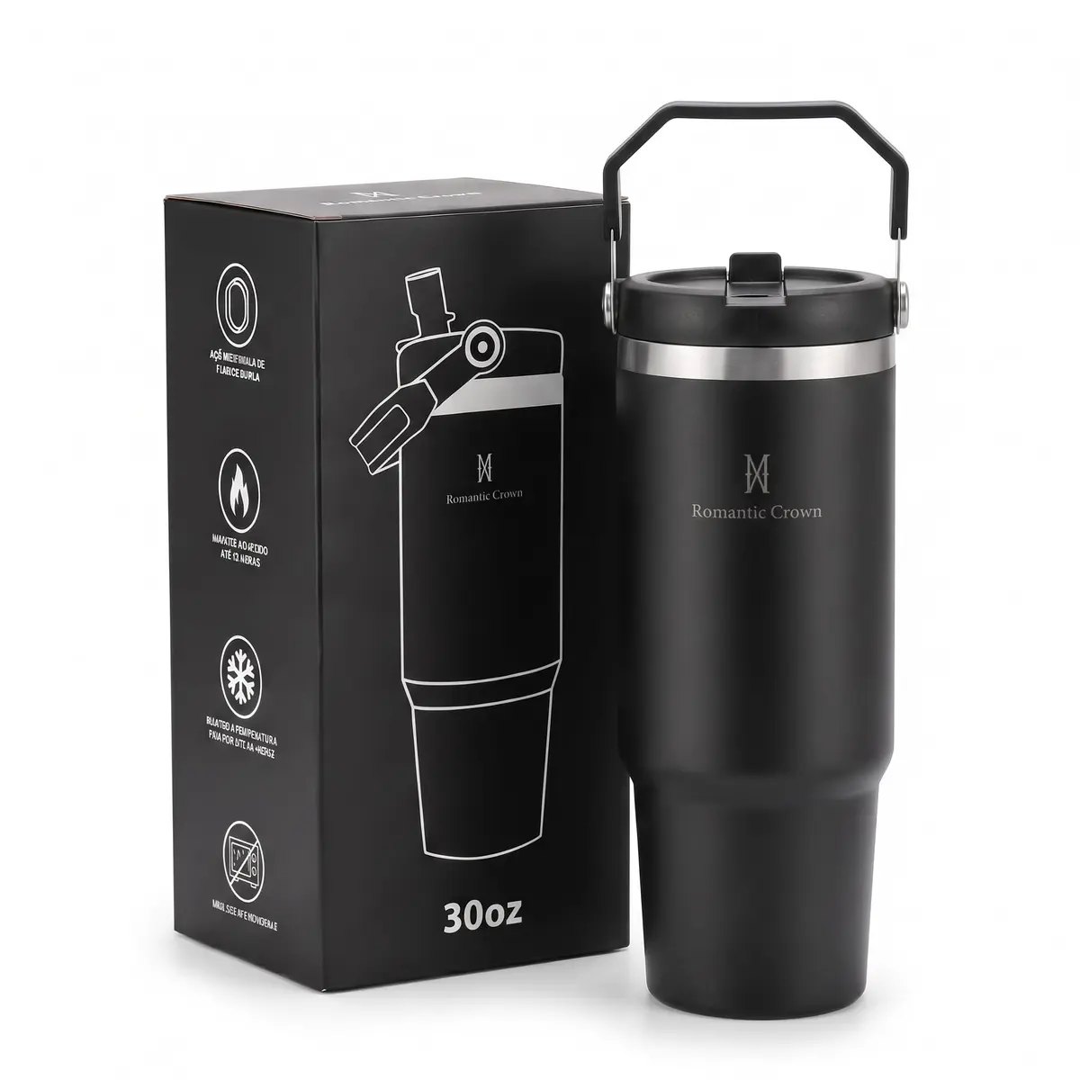 Copo Térmico 900mL em Aço Inoxidável com Canudo, Tampa e Alça (Preto) | Tampa antivazamento e isolamento a vácuo de parede dupla, mantém bebidas frias por até 30h e quentes por até 8h. - 1