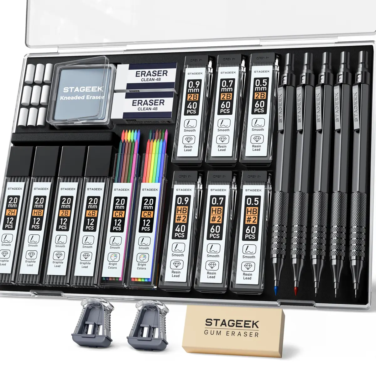 STAGEEK Conjunto de lapiseiras artísticas de 25 peças, 3 lápis de grafite de metal 0,5, 0,7, 0,9, 2 peças de lápis de desenho de 2 mm (cor HB 2H 2B 4B) com 392 peças de grafite, borracha com estojo
