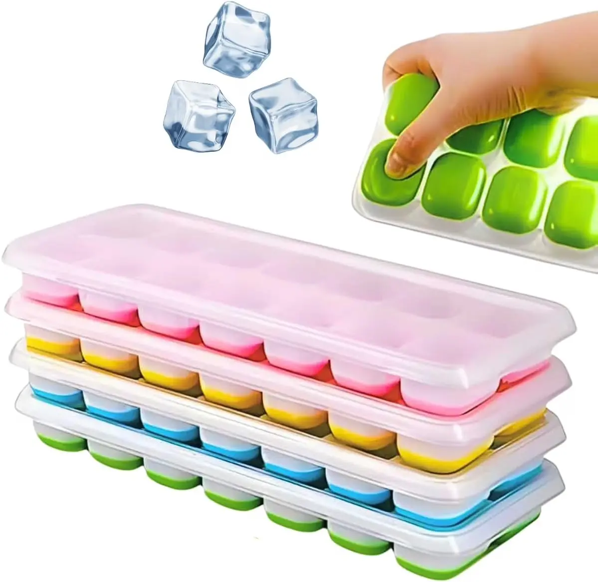 Forma de Gelo Silicone com Tampa Kit 4 Unidades Forminha 14 Cubos Flexível | Empilhável Silicone BPA FREE - Alimentos Frutas Papinhas Gelo Drinks Bebidas