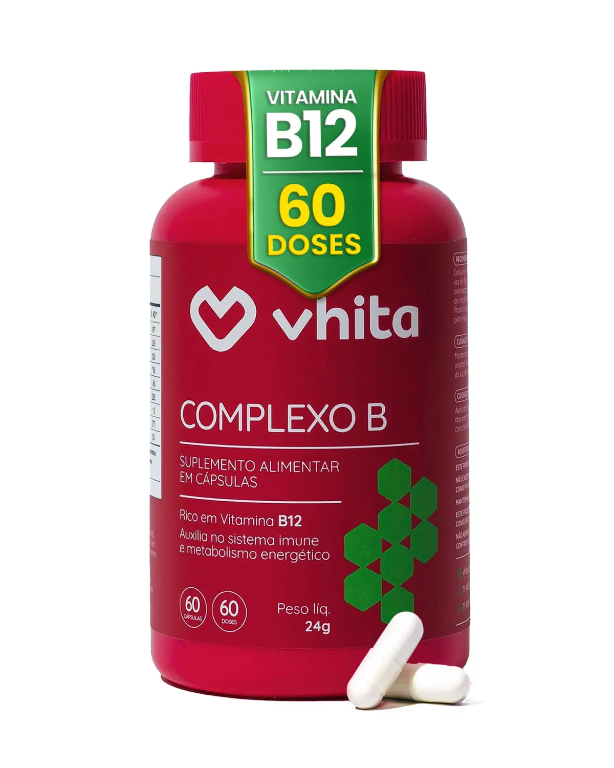 Vhita Complexo B, Suplemento Alimentar com Vitaminas B1, B2, B3, B5, B6, B7, B9 e B12, Rico em Vitamina B12, Manganês, 60 Cápsulas