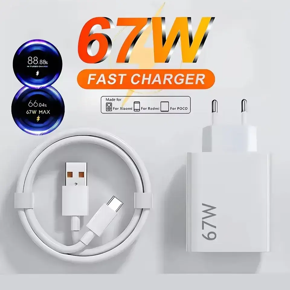 Carregador Rápido USB de 67W para Xiaomi 14 13 12 11 10 Ultra Redmi Note 12T 13 Pro Turbo, Cabo Tipo C para Carregamento Rápido, Adaptador de Carregamento Rápido