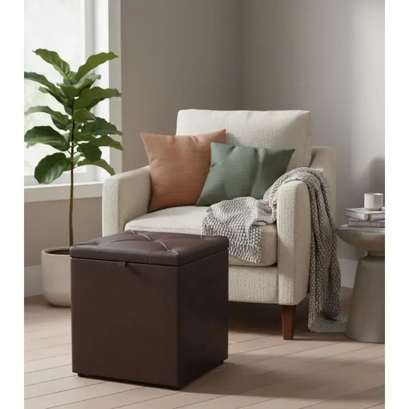 Puff Baú Quadrado Courino 34x34x42cm Organizador Porta Objetos Decorativo(MARROM)