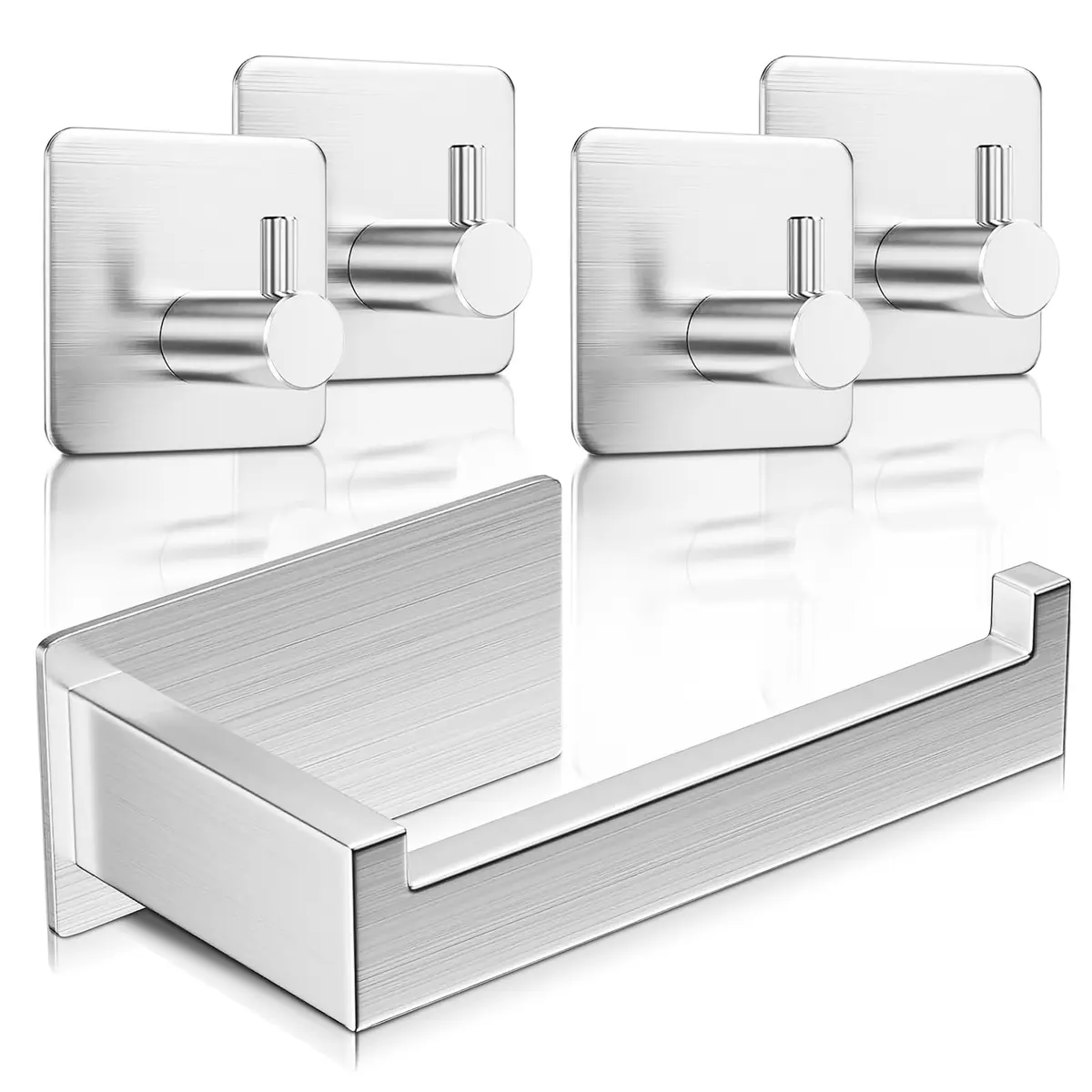 Porta Papel Higienico Adesivo, Suporte para Papel Higienico com 4 Gancho Adesivo, Kit Suporte Papel Higienico Em Aço Inox Premium para Organização no Banheiro (Prata)