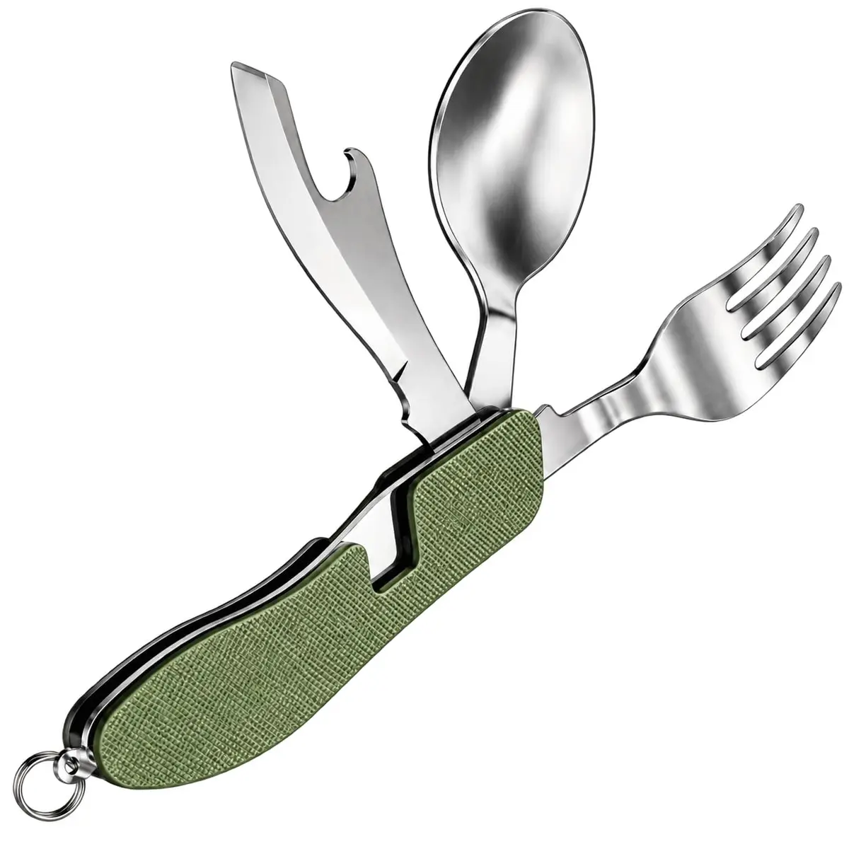 Talher Multifuncional 4 em 1 Aço Inoxidável para Camping, Trilhas e Viagens – Colher, Garfo, Faca e Abridor Portátil Compacto e Resistente