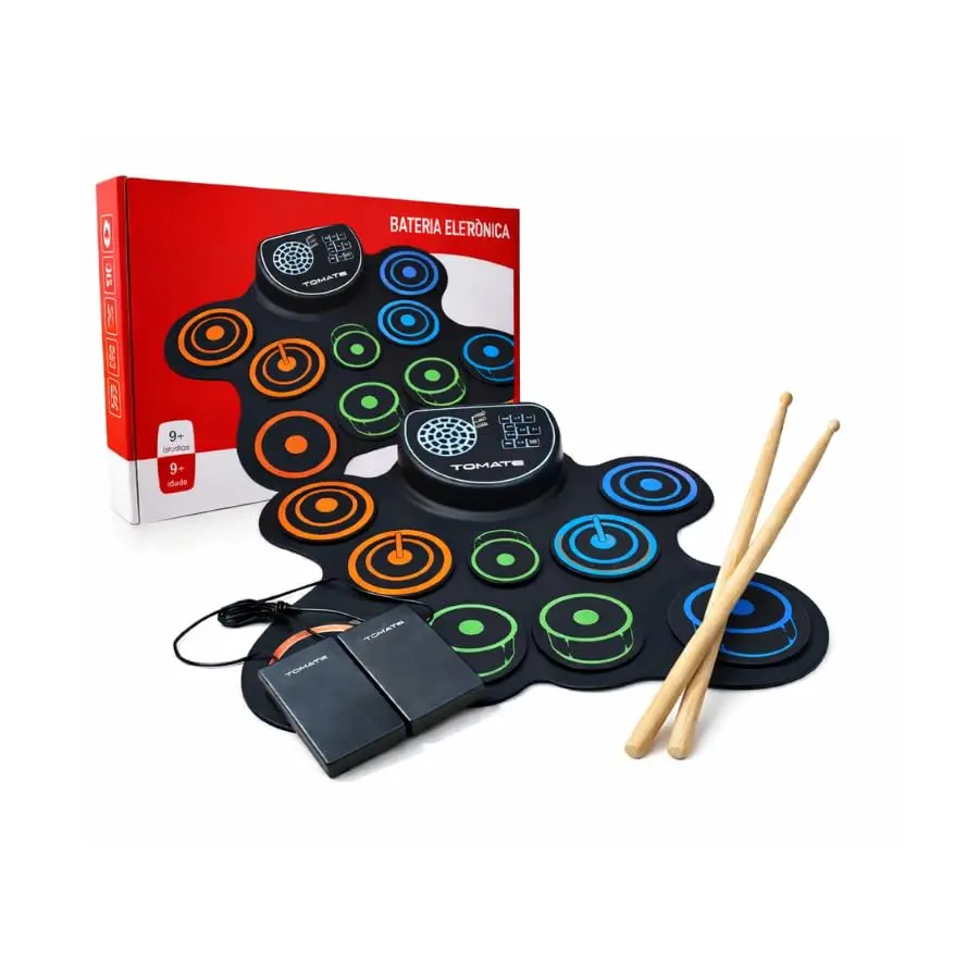 Bateria Eletrônica Roll Up Portátil USB Recarregável com Pedais, Baquetas, Gravação e Reprodução – Bateria Digital Flexível Silenciosa com Fone para Iniciantes (9 Pads)