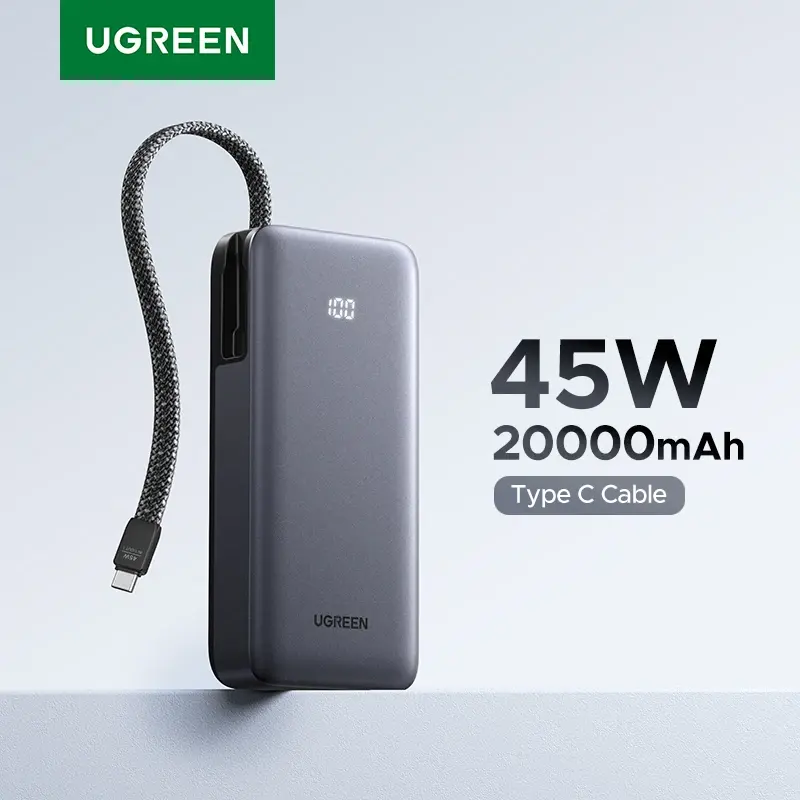 UGREEN 45W 20000mAh Cabo tipo C embutido Power Bank para Samsung S25 Ultra PPS Bateria de carregamento rápido Carregador de bateria externa