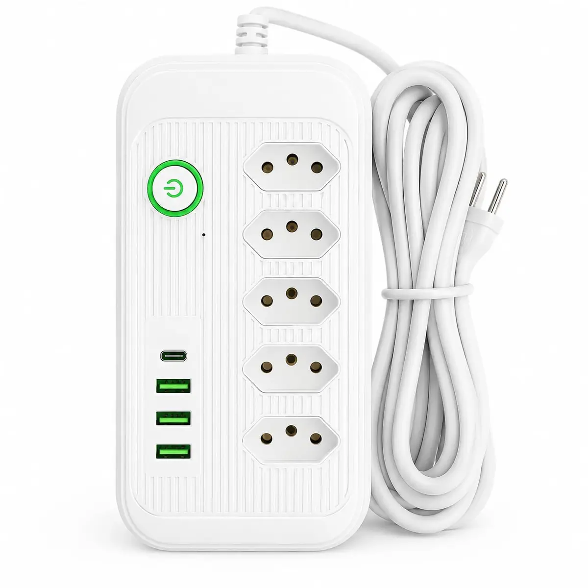 Extensão Filtro de Linha 5 Tomadas com 3 USB e 1 USB-C, Cabo 2 Metros – Bivolt 2500W com Interruptor Liga/Desliga para Celular, Notebook, TV, Computador e Escritório - 1
