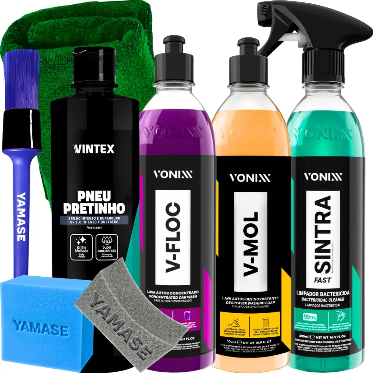 Kit Lavagem e Detalhamento Automotivo Completo Vonixx | V-Floc + V-Mol + Sintra Fast + Pneu Pretinho Vintex + Acessórios Yamase