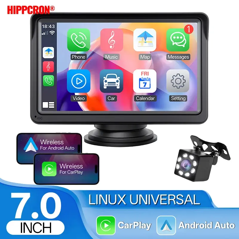 Hippcron Estéreo Automotivo Sem Fio de 7 Polegadas com CarPlay e Android Auto, Reprodutor de Vídeo Multimídia Portátil com Tela Sensível ao Toque Universal - 1