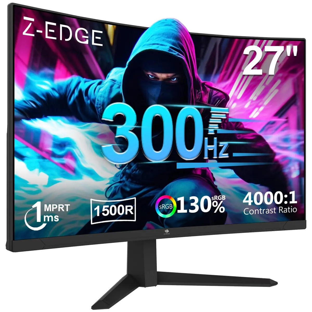 Monitor Gamer Curvo 27 polegadas Z-Edge, FHD 1080P, 300 Hz, 280 Hz e 240 Hz, monitor pc 1500R, MPRT de 1 ms, 2 portas DP 1.4 e 2 portas HDMI 2.0, Ajuste de Inclinação, Suporte VESA, Sem Bordas