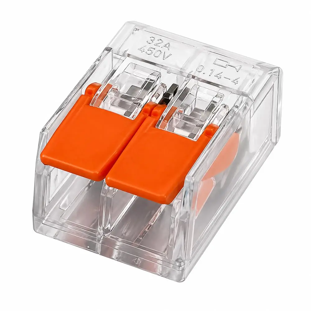 Kit com 10 peças Conector de Emenda Rápida 2 Vias com Alavanca Flat | Bivolt 450V 32A | Para Fios Rígidos e Flexíveis | Conector Elétrico Compacto Transparente