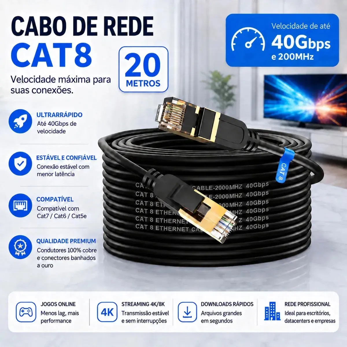 Cabo Ethernet Cat8 Cabo de Rede SSTP Blindado 20m Preto RJ45 Alta Performance 40Gbps 2000Mhz Alta Velocidade para Roteador PC Gamer