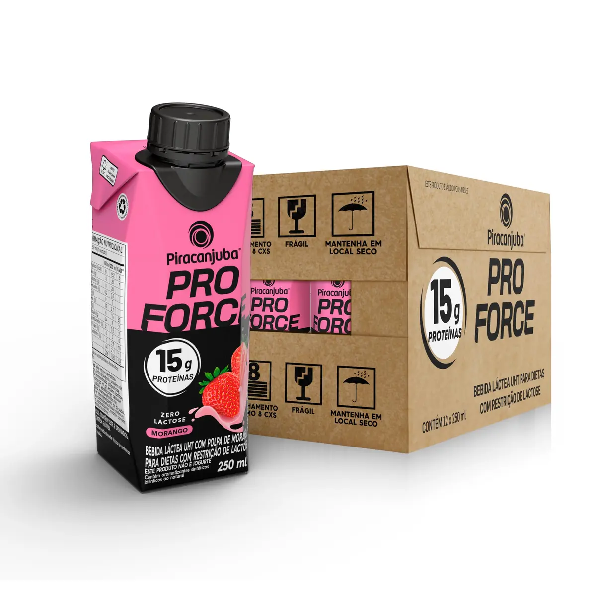 Piracanjuba ProForce 15g de Proteínas Zero Lactose Sabor Morango - 12 Unidades de 250ml