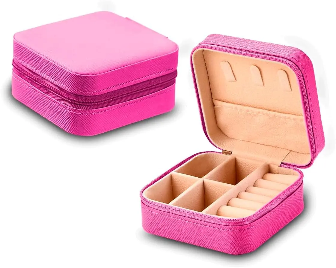 Porta Joias Compacto Portátil com Zíper Estojo Organizador de Joias para Viagem Anéis Colares e Brincos (Rosa Pink)