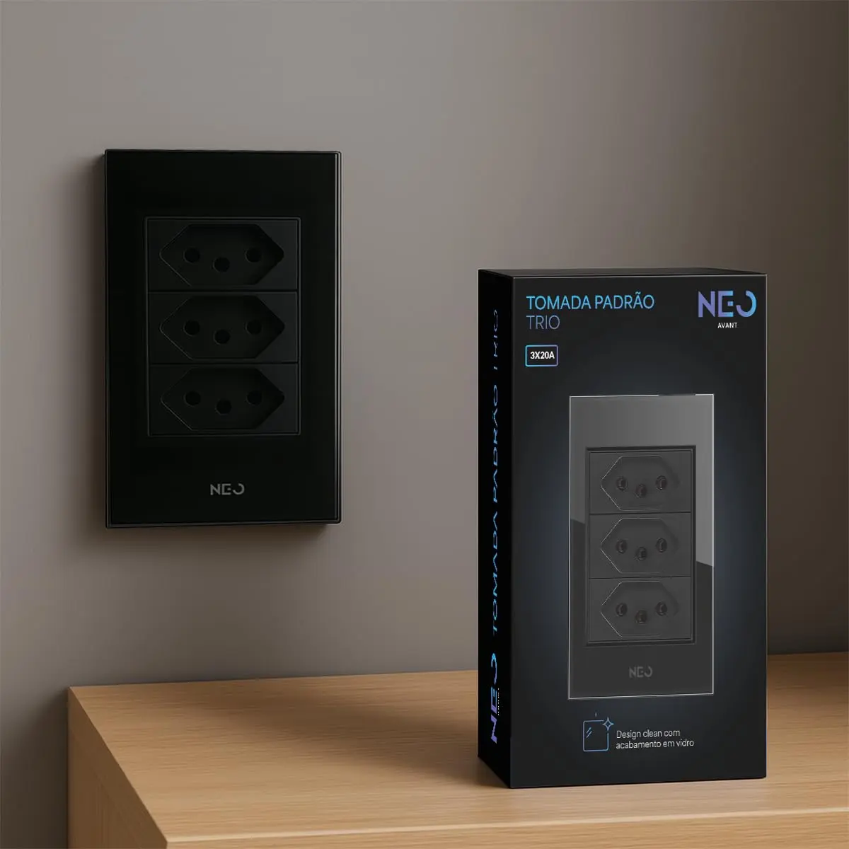 Interruptor de Tomada com 1, 3 ou 6 Saídas 20A 110v/220v Bivolt Branco ou Preto Avant Neo (Preto, Saídas, 3)