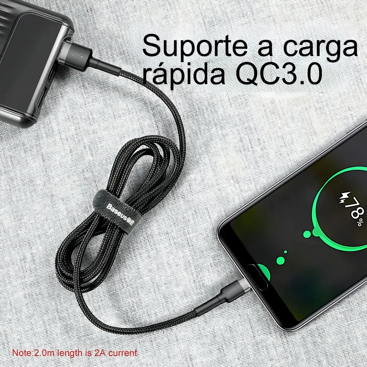 Cabo Rápido Usb Para Tipo- C Baseus Cafule Nylon 3a 1 Metro Cor Preto thumbnail 4