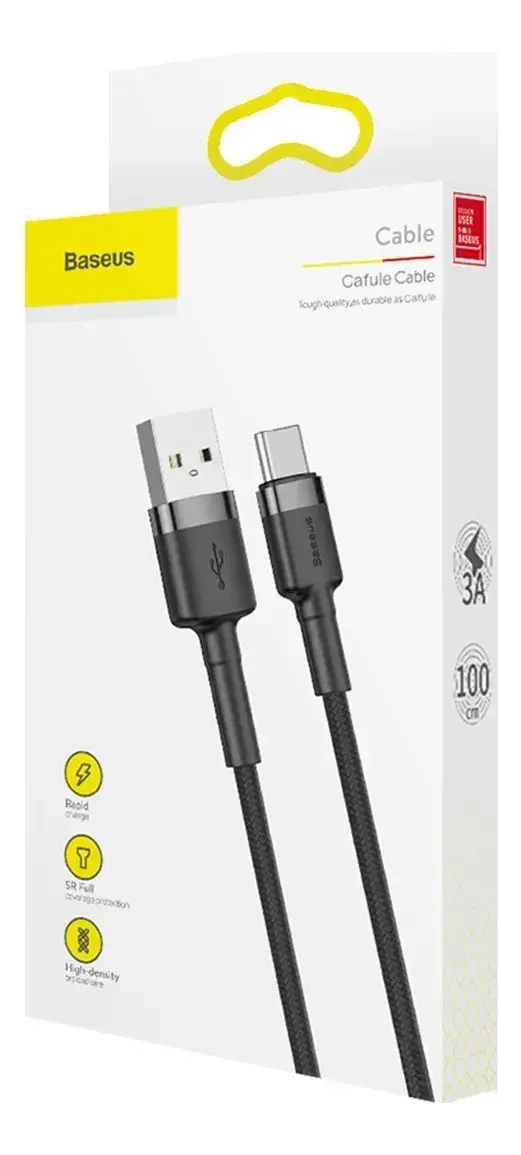 Cabo Rápido Usb Para Tipo- C Baseus Cafule Nylon 3a 1 Metro Cor Preto thumbnail 7