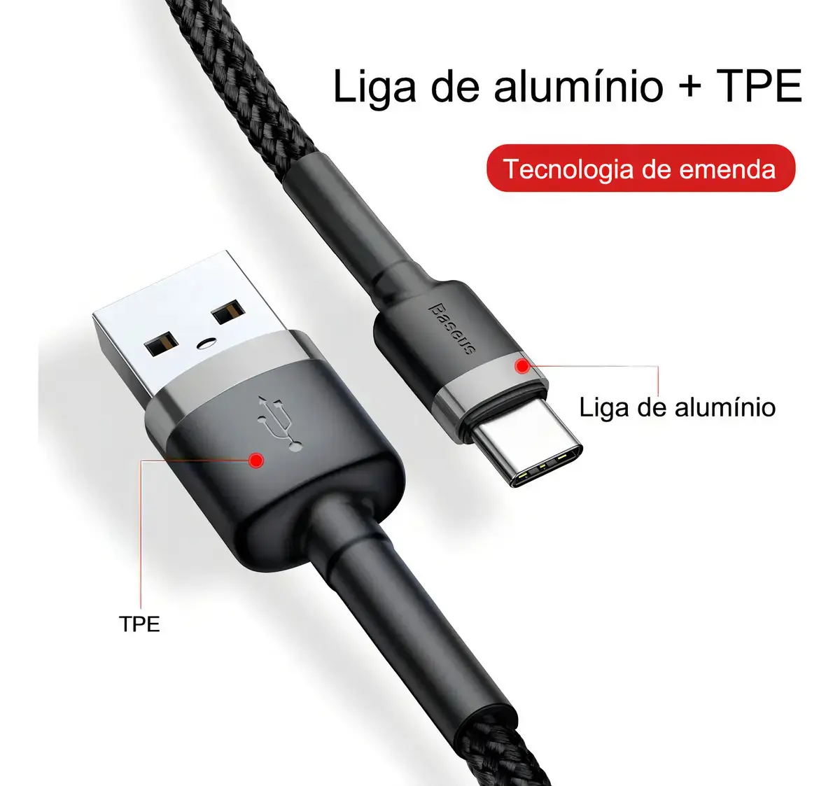 Cabo Rápido Usb Para Tipo- C Baseus Cafule Nylon 3a 1 Metro Cor Preto thumbnail 8
