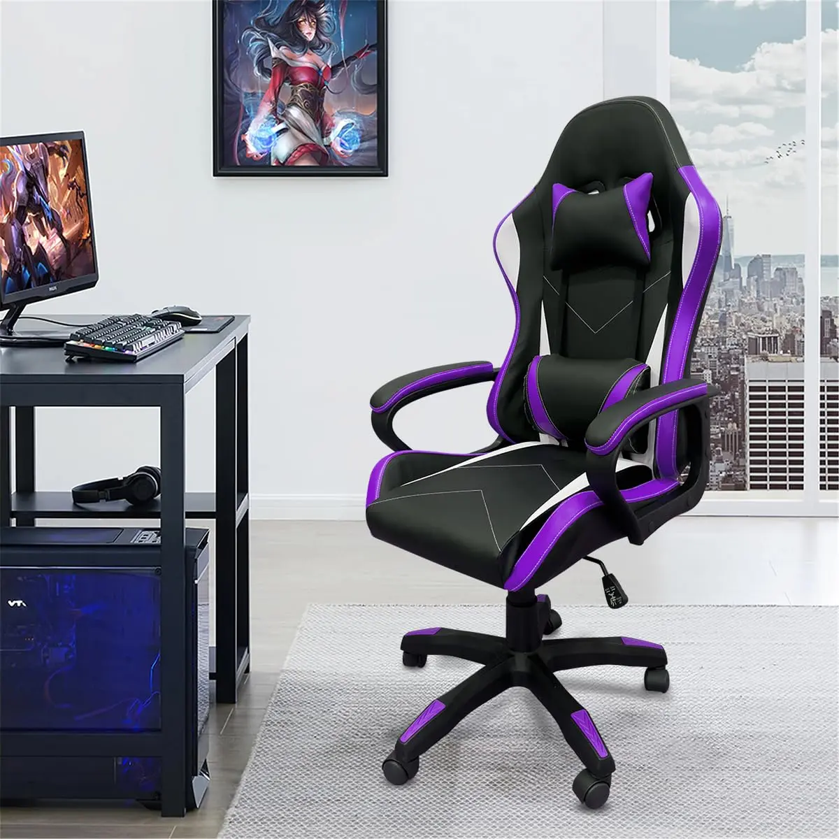 Cadeira de jogos com encosto alto, apoios de braços fixos em quatro pontos, altura ajustável (Roxo)