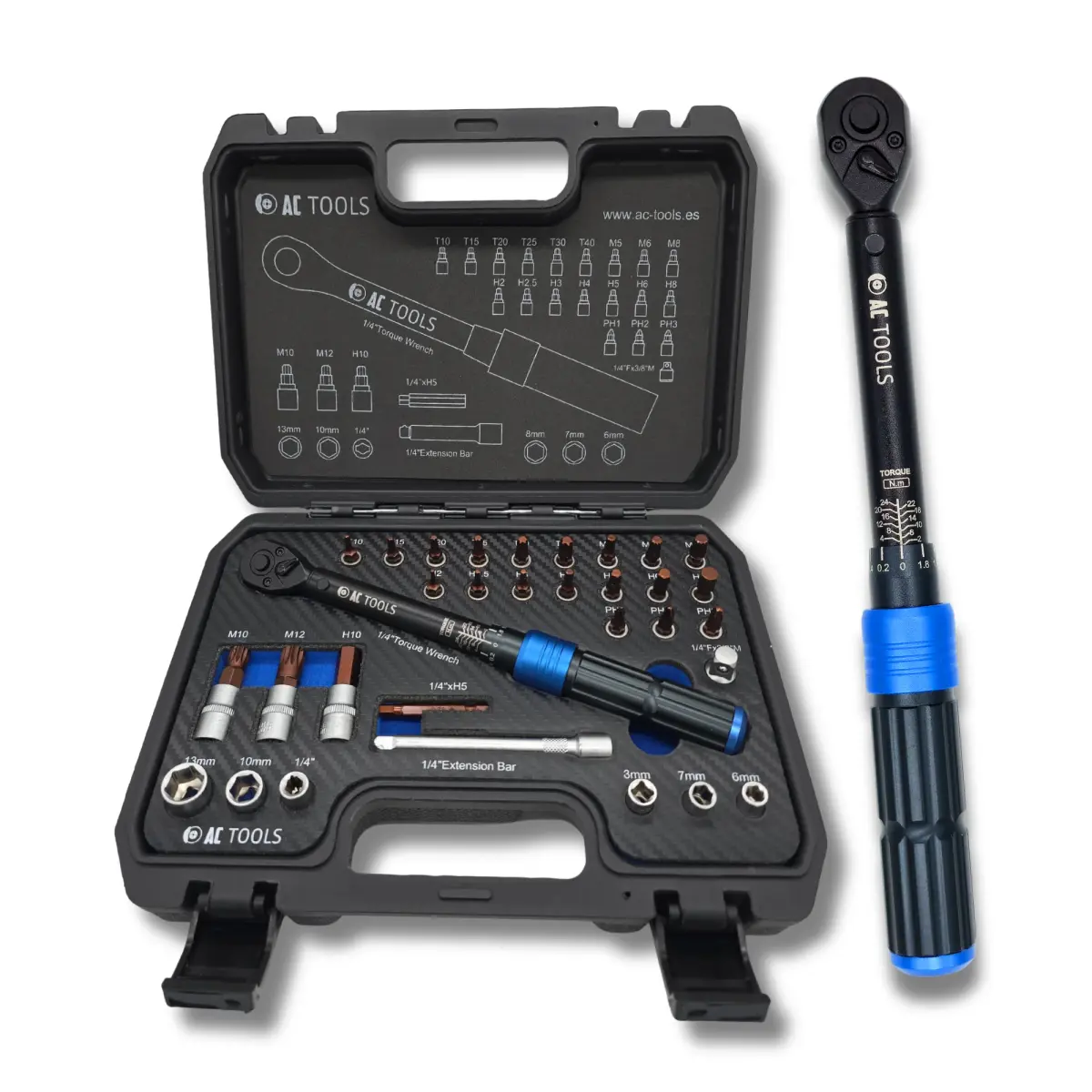 Chave Dinamométrica AC Tools 1/4 2-24 Nm para bicicletas, motociclos e veículos automóveis, com certificado de precisão, reversível. Pasta completa com 32 peças. - 1