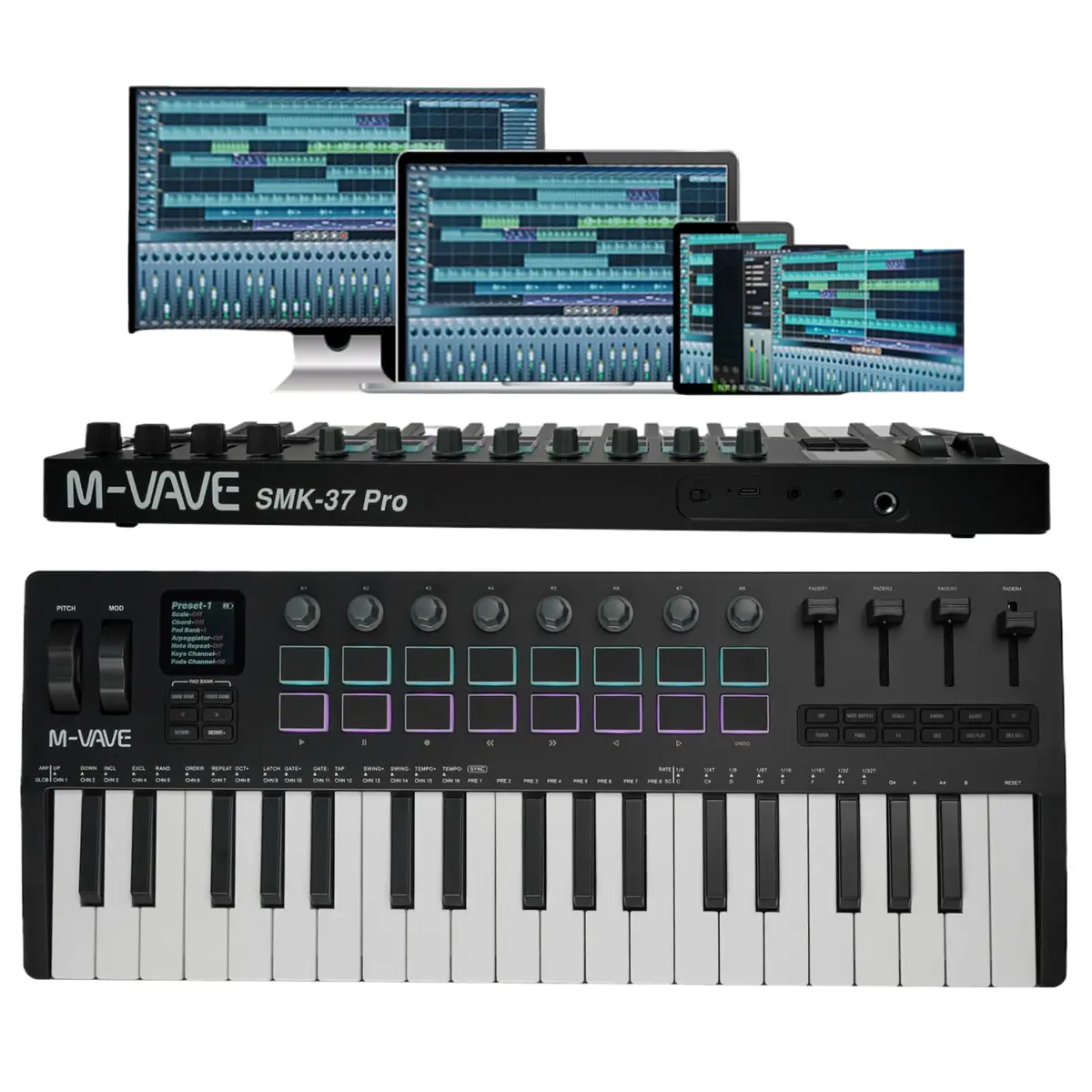VEDO M-VAVE SMK-37 PRO Controlador MIDI Teclado 37 Teclas Sensíveis, 16 Pads RGB Sensor de Força, Interface Áudio USB-C, Conexão Wireless, Bateria, Profissional Compatível com todas as DAWs, Preto