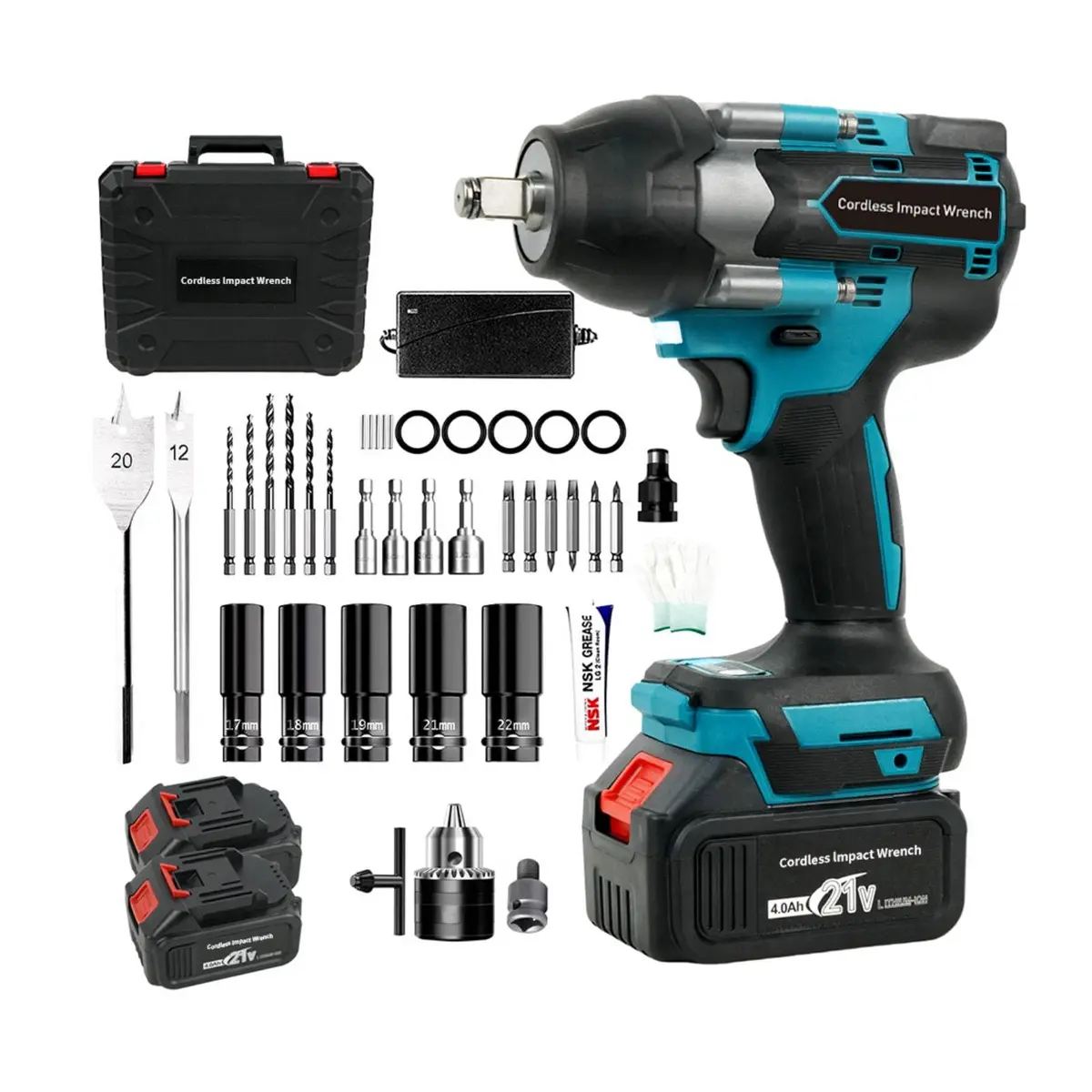 FINYQBET Chave de Impacto Sem Fio 1/2", 600 N.m, 1600 RPM (110-240V) | Motor Sem Escovas, 2 Baterias de 4.0AH, Luz LED, 4 Modos, 5 Tamanhos, Ideal para Reparos Automotivos/Construção