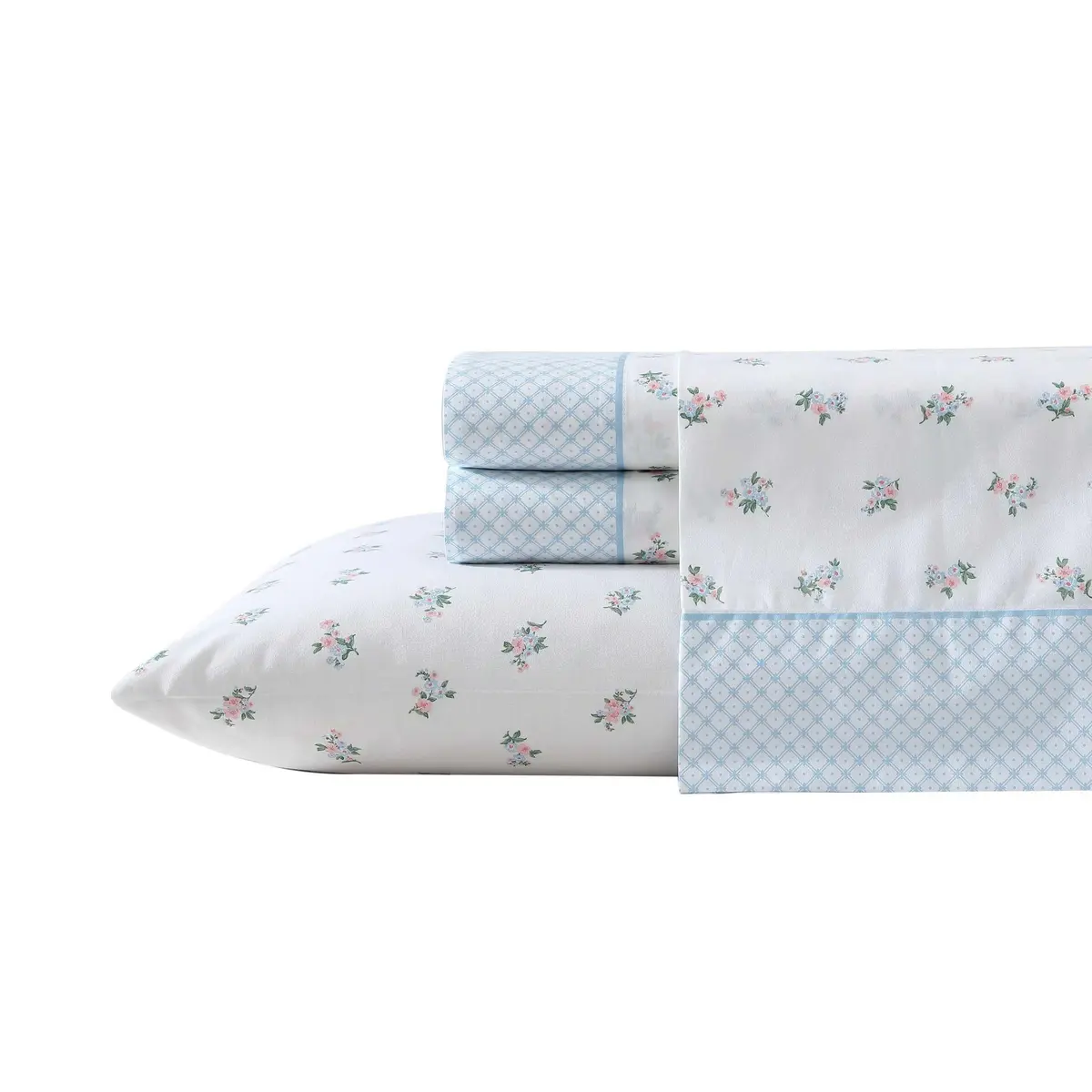 Laura Ashley - Conjunto de lençóis, roupa de cama de algodão percal respirável, 200 fios, bolso profundo, decoração de casa chique (azul Harperette, casal)