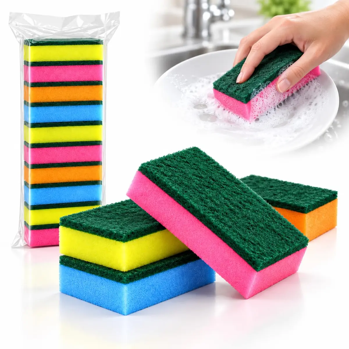 Kit 10 Esponjas Multiúso para Limpeza – Alta Eficiência na Cozinha e Casa – Remove Gordura e Sujeira Difícil – Duráveis, Versáteis e Ideais para Louças e Superfícies - 1
