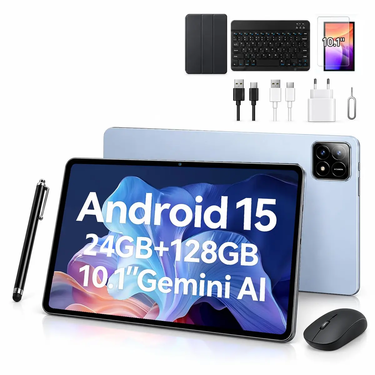 Tablet Xixaomiro Pad 10.1" Android 15, 128GB ROM + 24GB RAM, Câmera 13MP + 5MP, Bateria 8000mAh, Kit com Teclado, Mouse e Caneta Stylus para Trabalho e Estudos (Azul-celeste)
