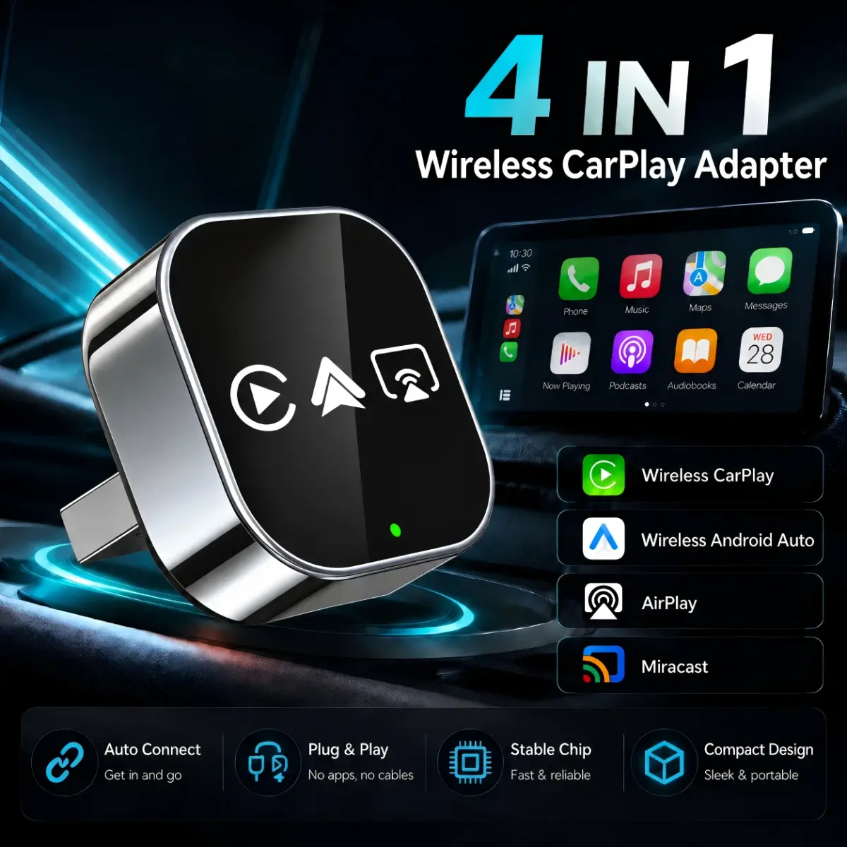 Adaptador Inteligente 4 em 1 para Carro: CarPlay Sem Fio e Android Auto, Conversor de Com Fio para Sem Fio, AirPlay e Miracast para Espelhamento de Tela