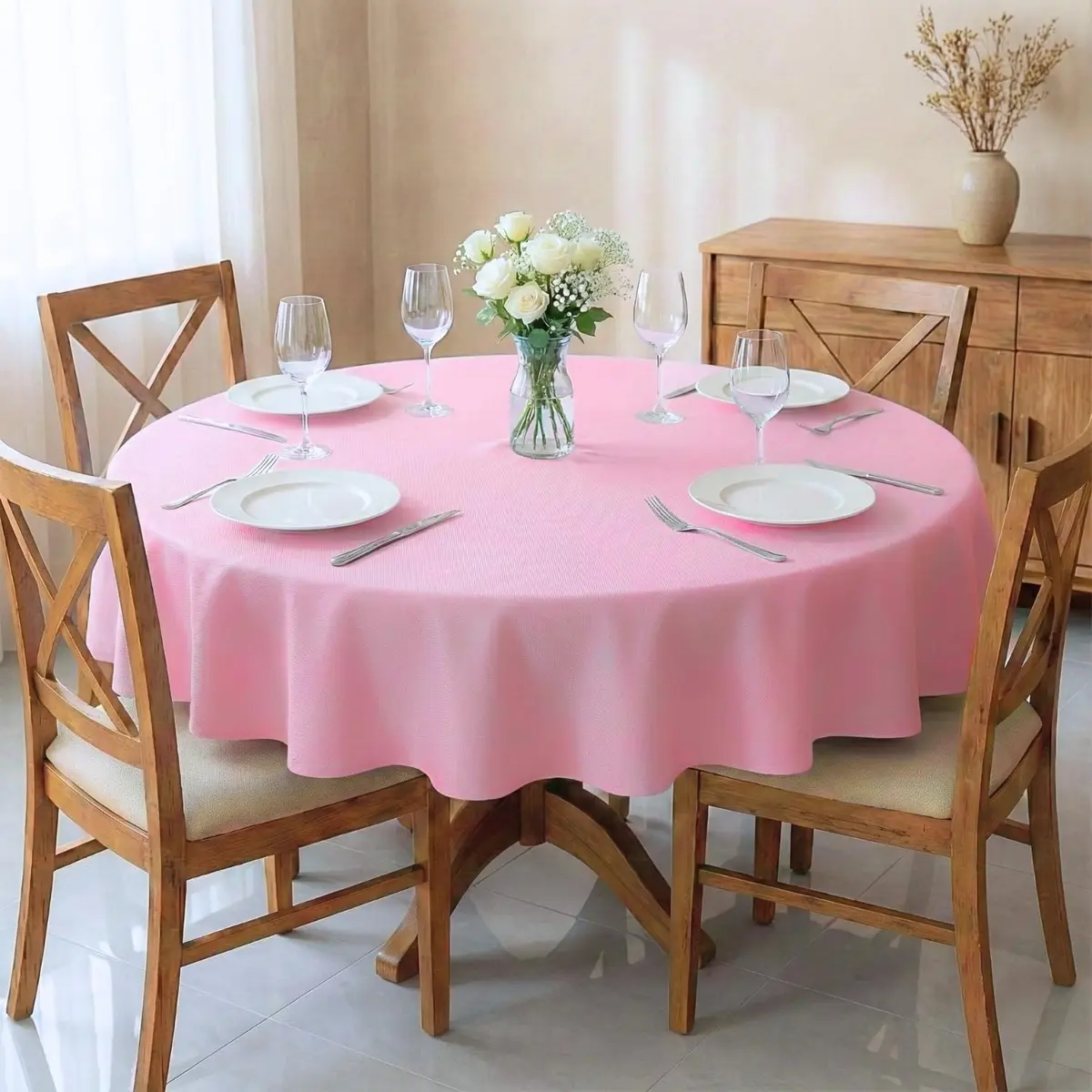 Toalha De Mesa Redonda 4 Lugares 1,40m Tecido Oxford Liso Leve e Resistente Cozzilar (Rosa) - 1