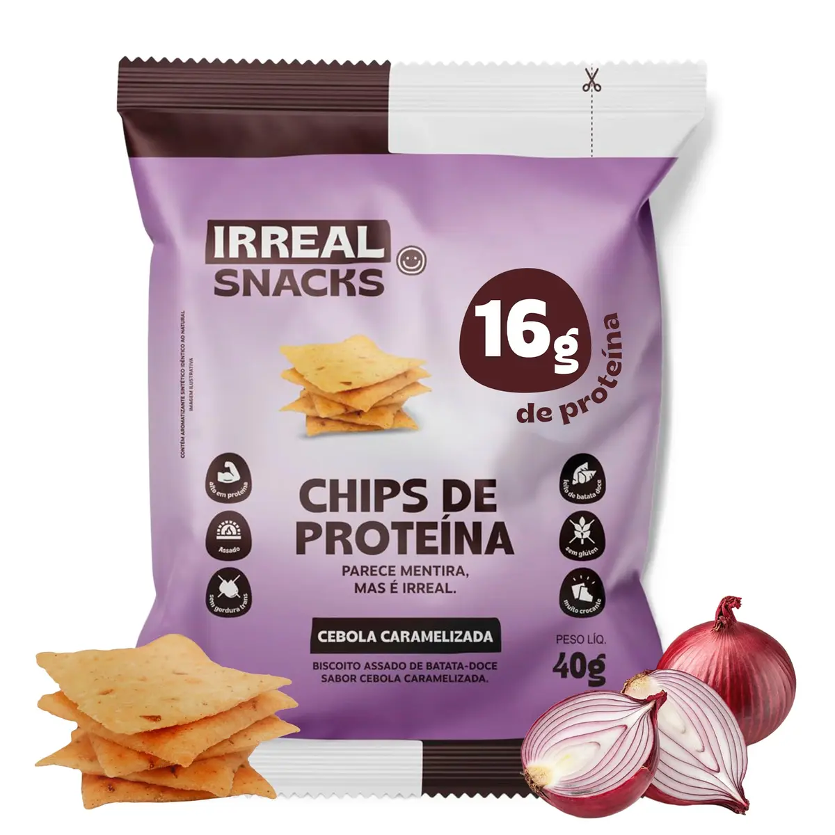Irreal Snacks, Sabor Cebola Caramelizada, 40g | Snack proteico, Feito com Batata Doce, Caseinato de Cálcio e Proteína de Arroz - 1