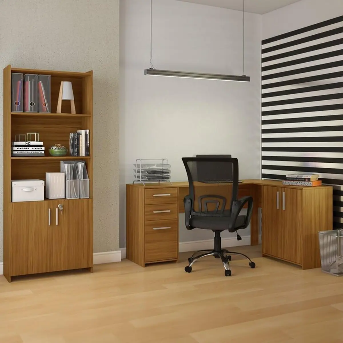 Kit 2 Peças com Mesa para Escritório em L e Armário Multiuso Alto Aberto Espresso Móveis Branco Freijó - 1