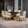 Mesa de Jantar Retangular Dobuê Dubai Light 160x90cm com 6 Cadeiras Estofadas Revestidas em Tecido Veloplus - Carvalho/Preto/Bege - 1